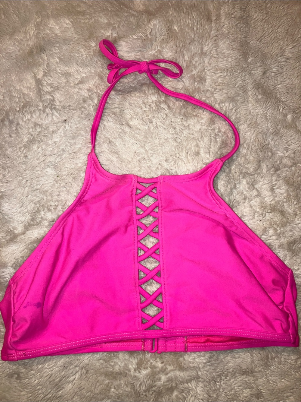 No Boundaries Girls Hot Pink Halter Bikini Top with Lattice Front